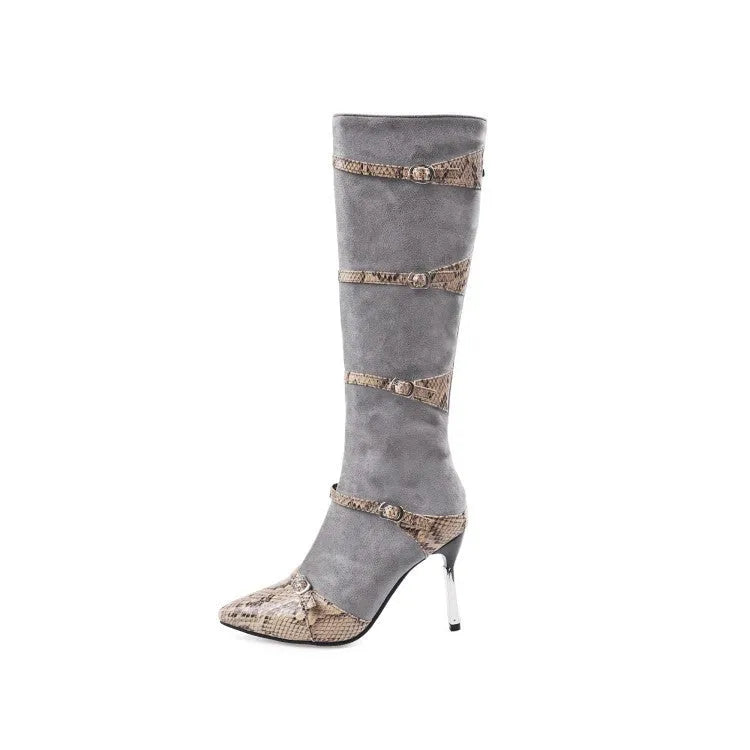 Black knee-high boots for women with 9cm thin heels and pointed toe