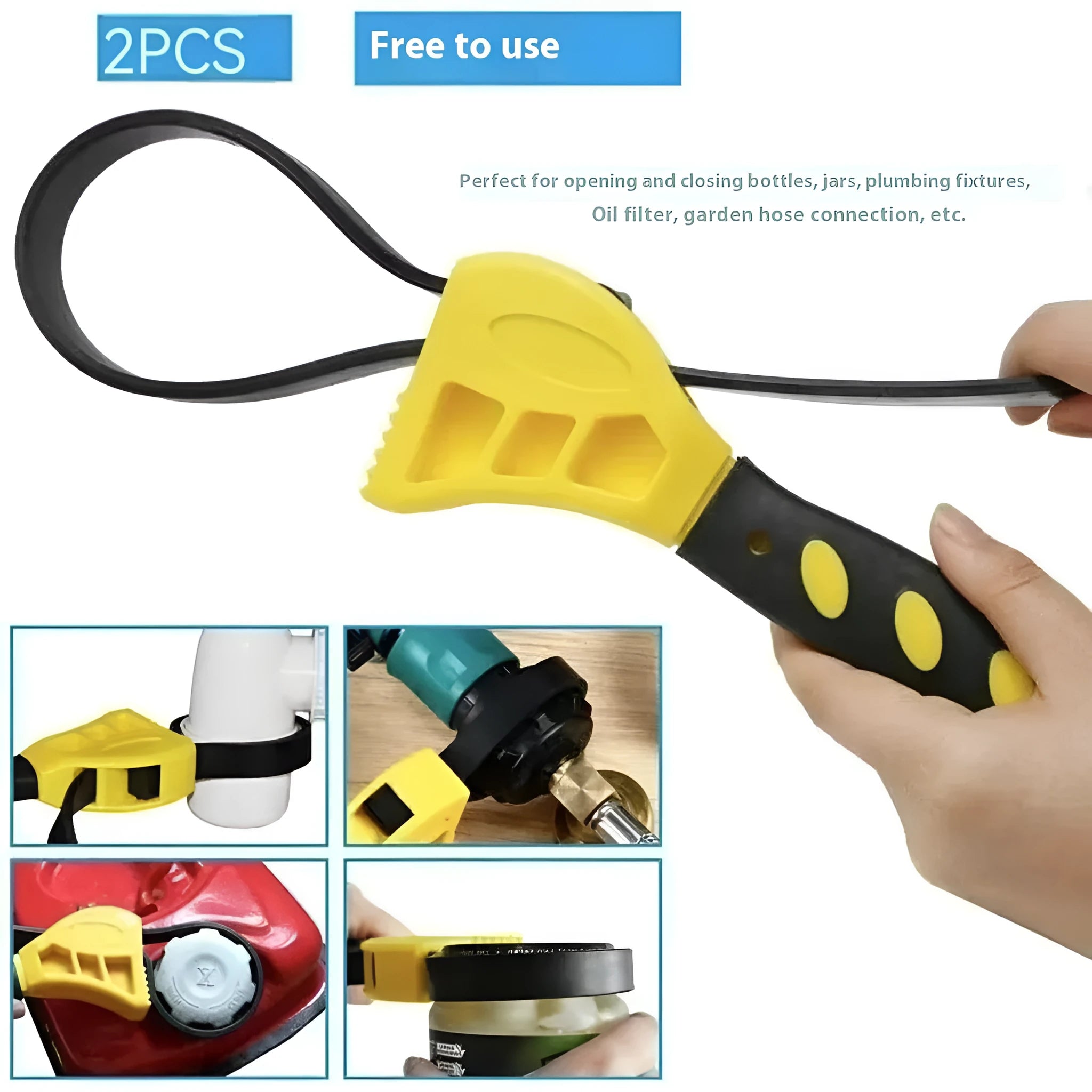 6-inch and 8-inch adjustable rubber strap wrench set with plastic rubber strap and metal handle.