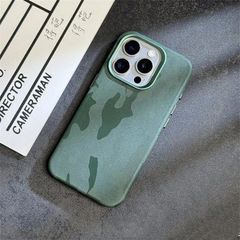 Magnetic camouflage leather phone case for iPhone with shockproof anti-fingerprint fabric finish in dark purple