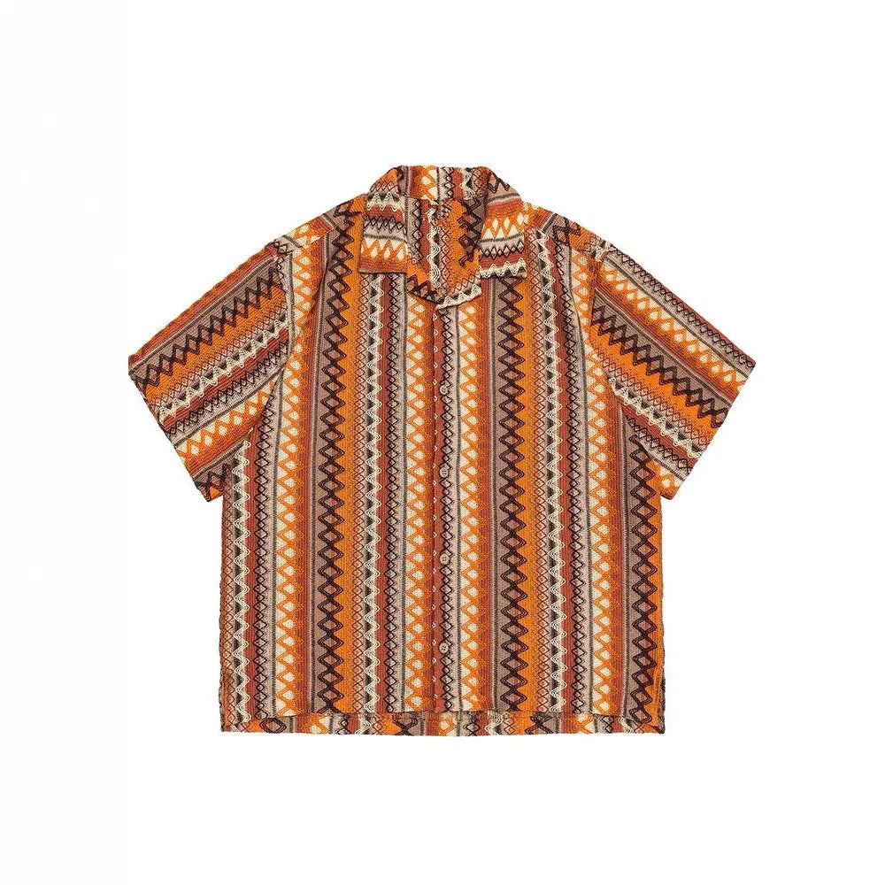 Ethnic woven Cuban collar shirt with drop-shoulder sleeves and loose fit design