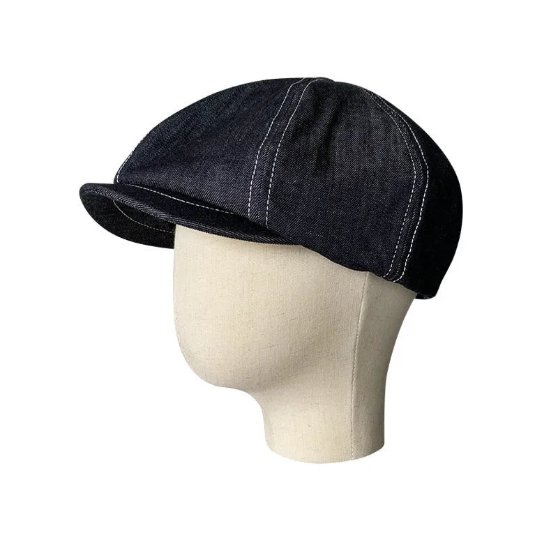 Black Japanese denim fabric beret hat shown in three adult sizes