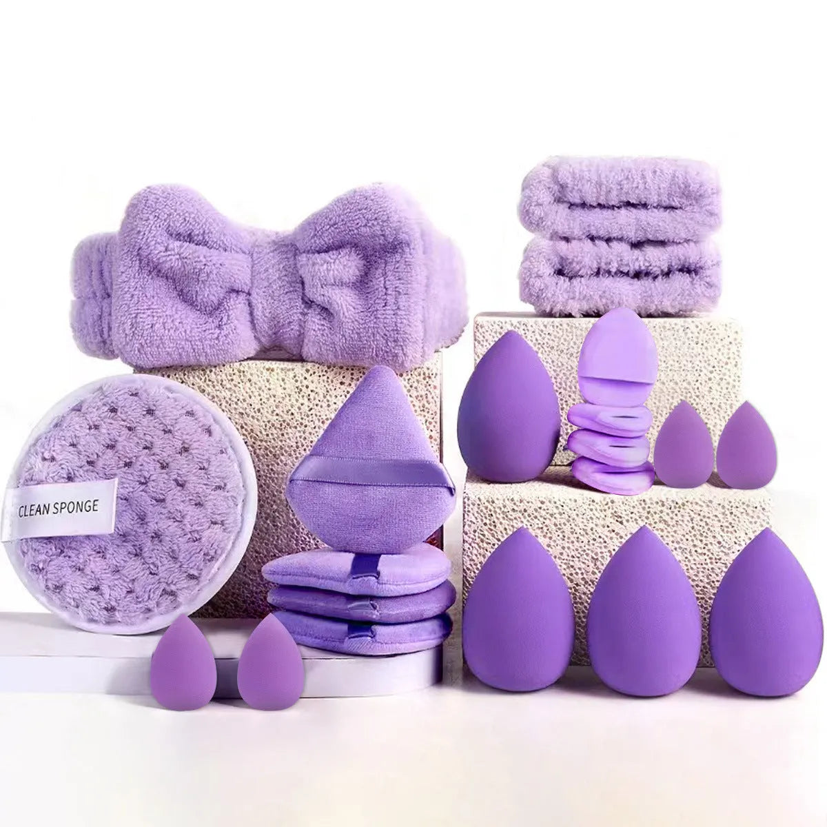Beauty tool set with hydrophilic non-latex sponges in brown, pink and purple colour options