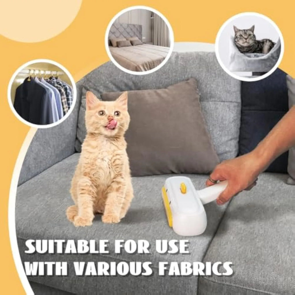 Portable yellow duck pet hair remover tool with polyester bristles for furniture and car seats.