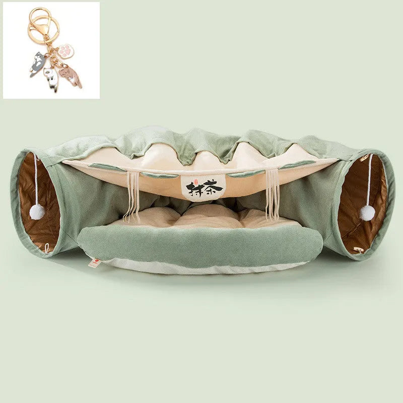 Collapsible cloth cat tunnel shown in a pop-up cylinder shape and folded flat, in a choice of colours.