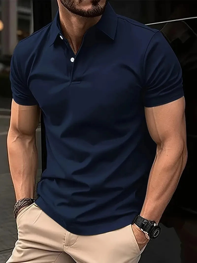 Men's slim fit solid colour short sleeve button-up shirt on a hanger