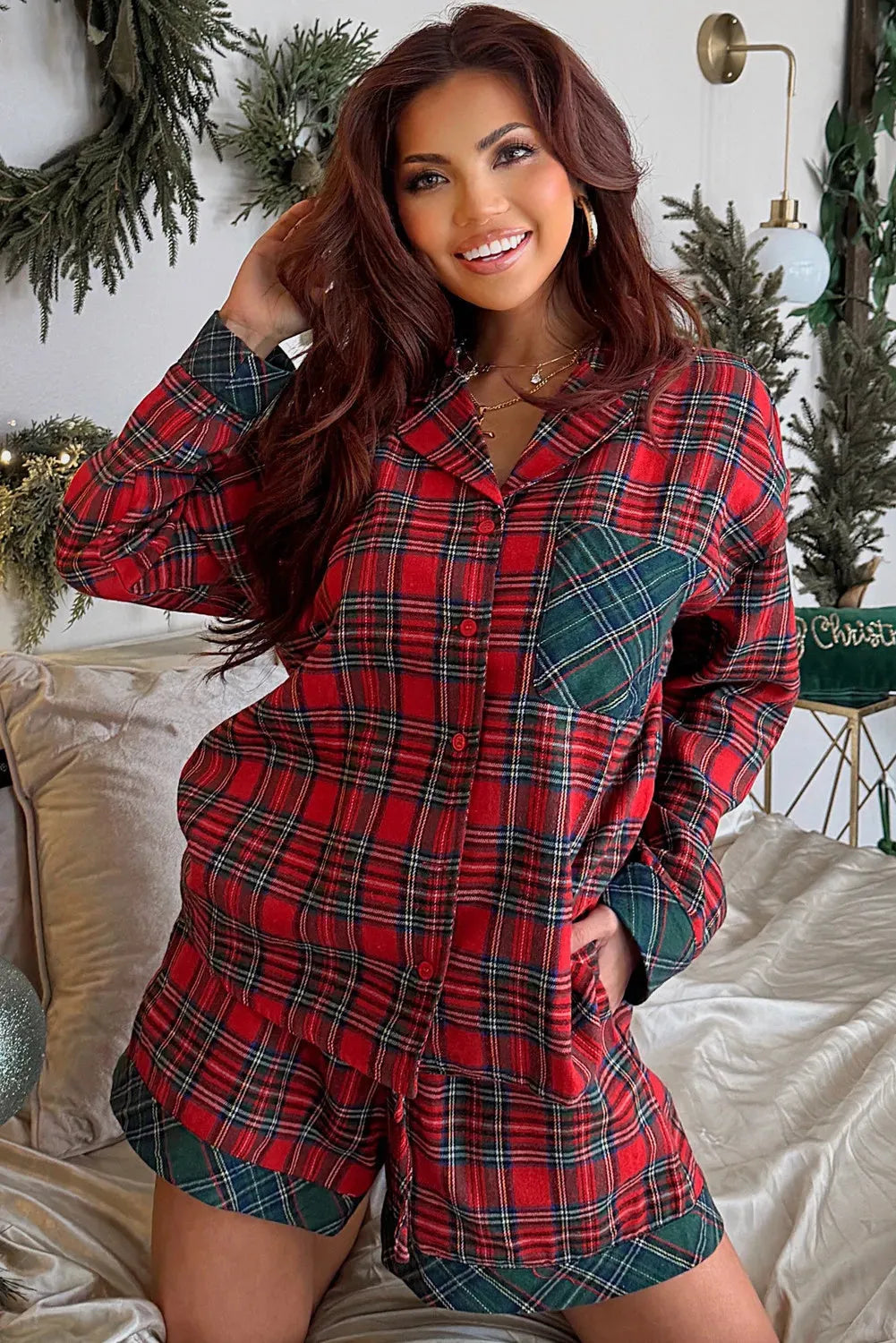 Red plaid Christmas pyjama set with contrast patched long-sleeve shirt and matching shorts