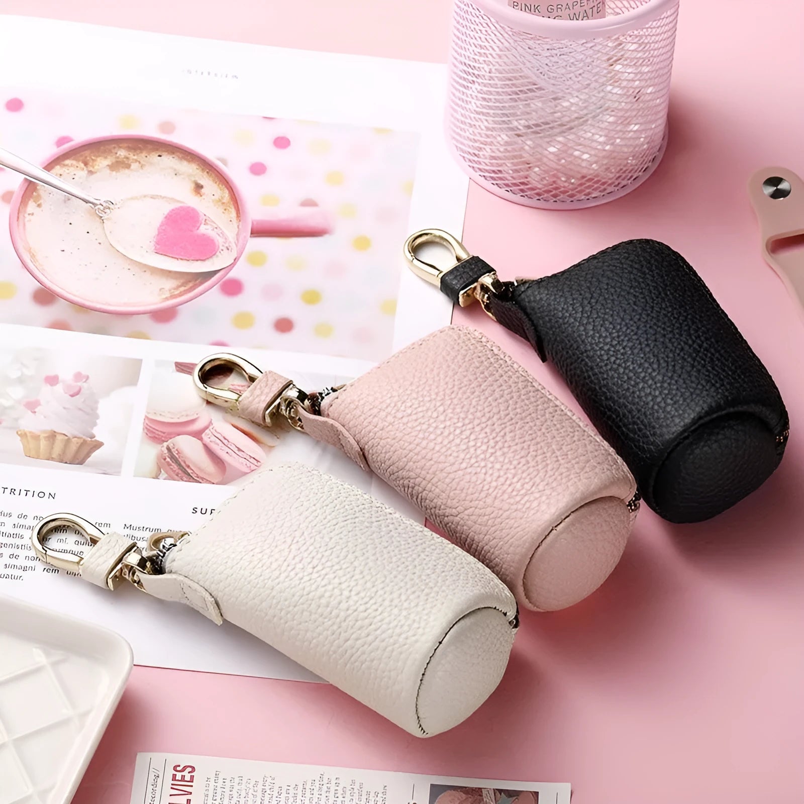Men's simple PU leather zipper key case in black, gray, or pink colours with waterproof storage