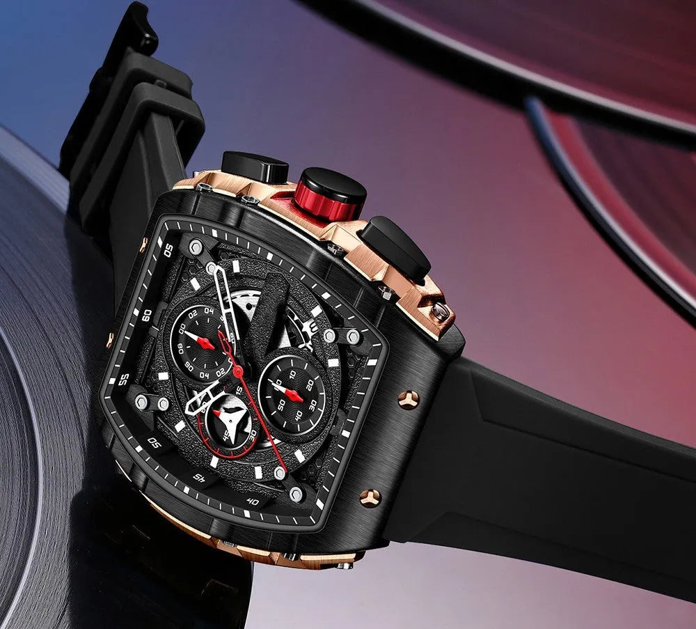 Men's curved mirror gradient hollow quartz watch with black dial and black silicone strap, showing barrel-shaped case
