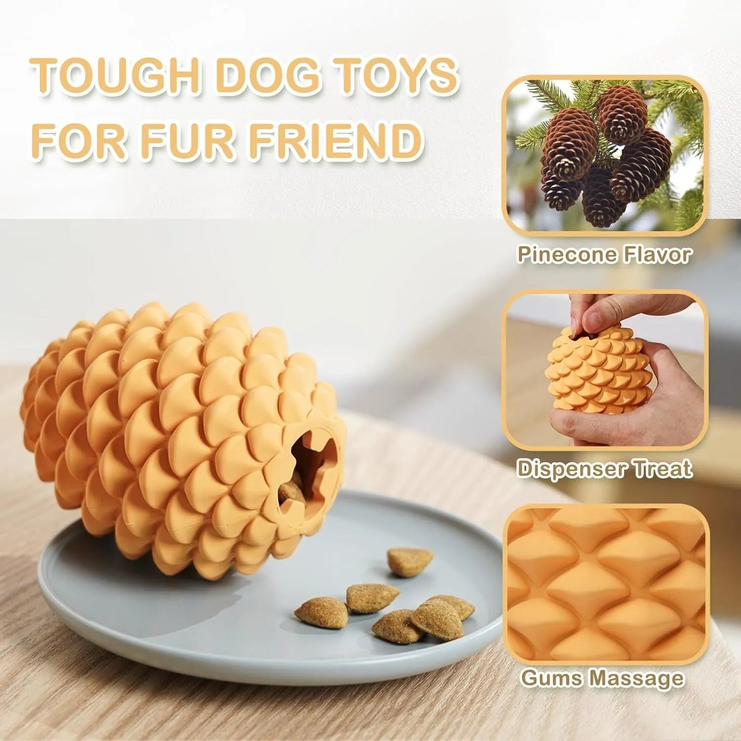 Yellow pine cone shaped tough dog toy made from natural rubber with treat dispenser for large breed dogs.
