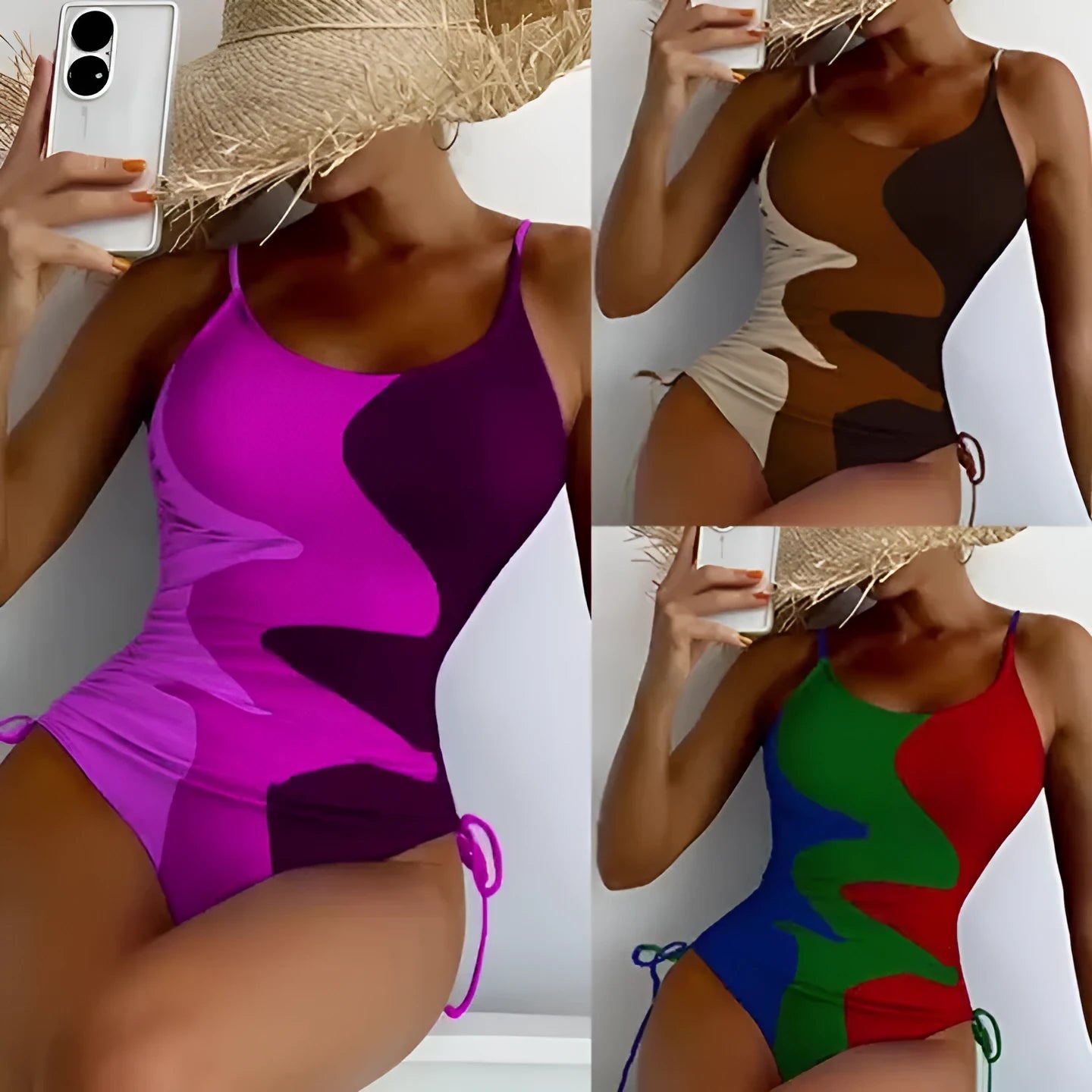 Blue women's sleeveless one-piece swimsuit with fixed swimming trunks on a mannequin.