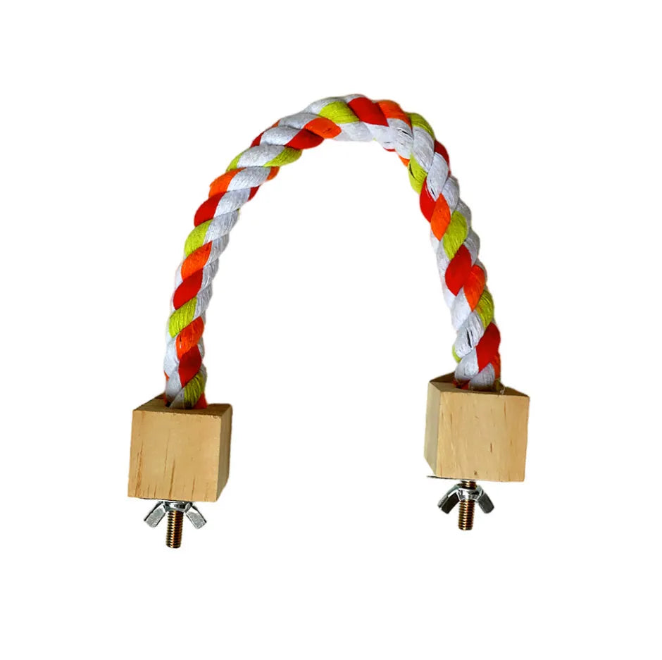 Parrot climbing rope toy with swing rings in wooden material on white background