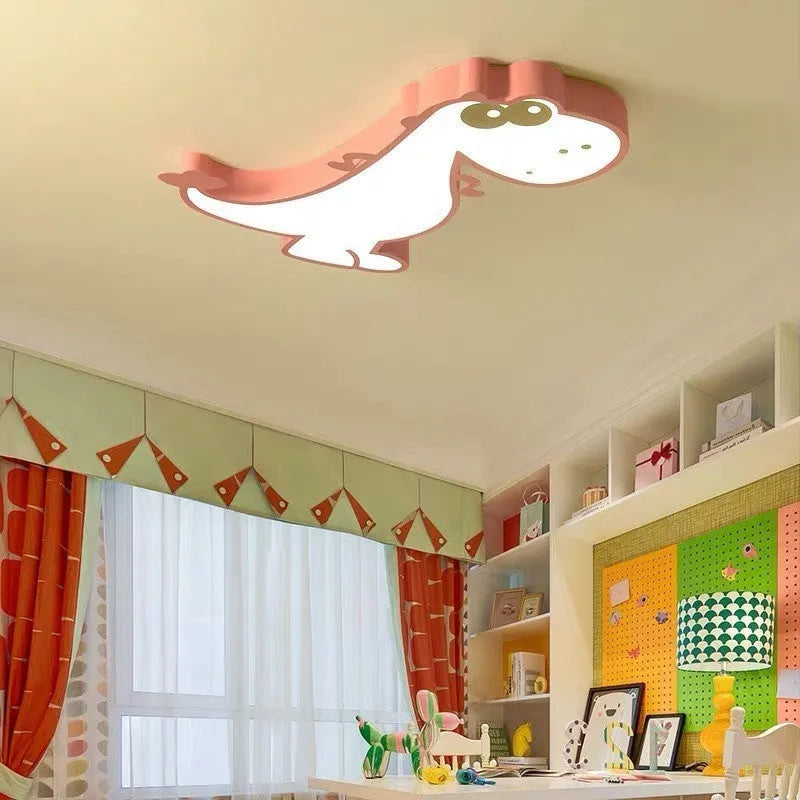 Cartoon dinosaur ceiling light with 48cm diameter aluminium body and PVC shade in green colour
