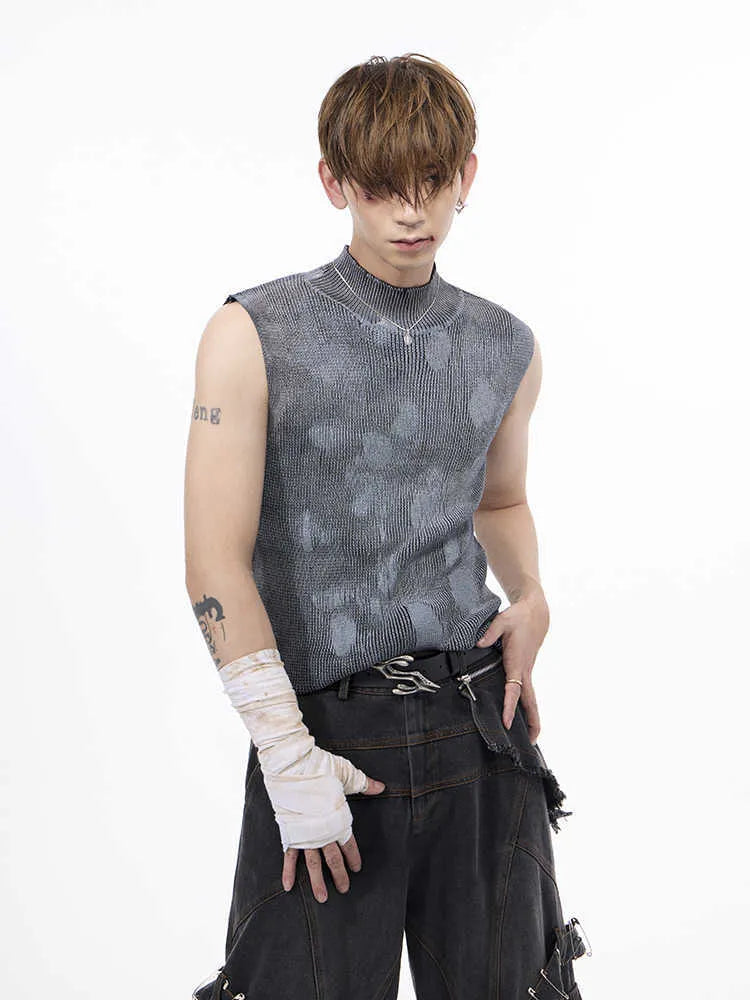 Men's black silver pastebrushing stretch wool sleeveless turtleneck vest with a stand collar.