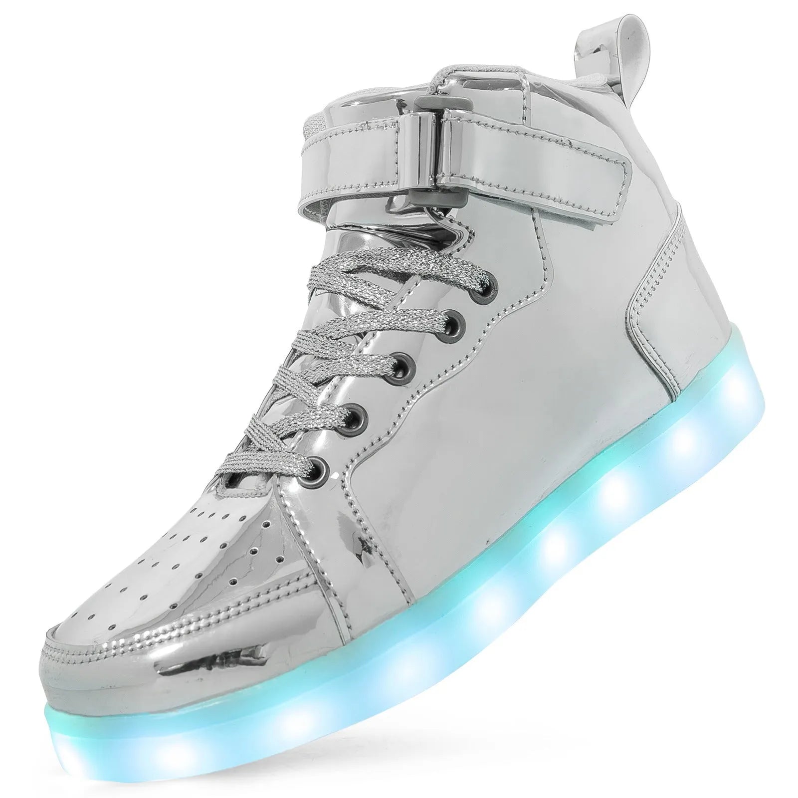 LED high-top board shoes with rechargeable lighting in black colour showing Velcro fastening