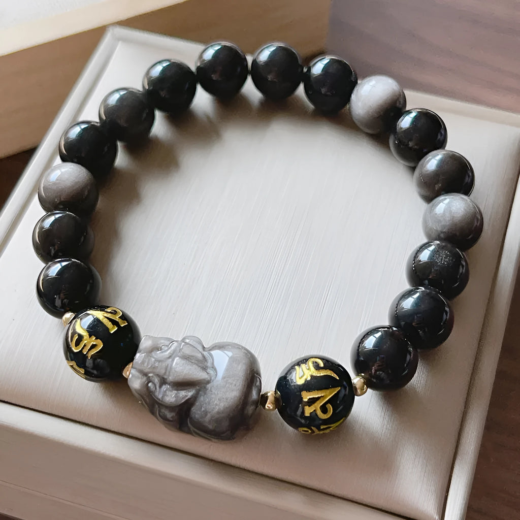Natural silverstone men's bracelet with zodiac symbols and proverb beads in Chinese style design