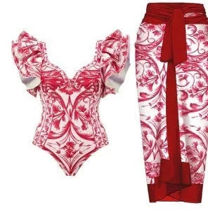 Women's printed polyester one-piece swimsuit available in multiple colours and styles