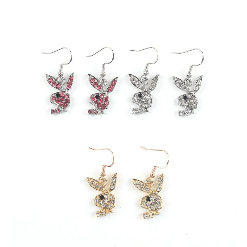 Cute rabbit-shaped stud earrings with diamond detail in silver, pink, or gold colour.