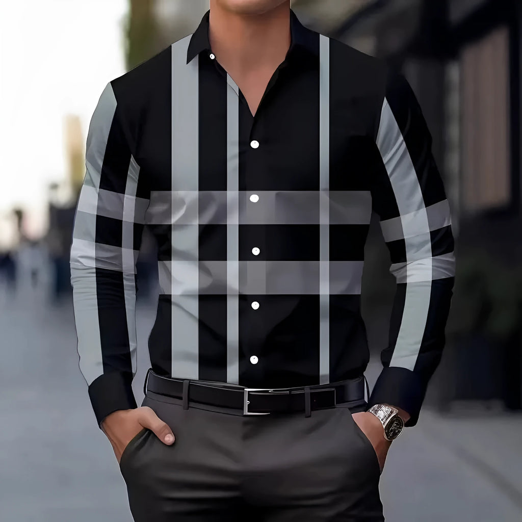 Man wearing a printed long sleeve shirt with a button lapel collar, showing the striped pattern.