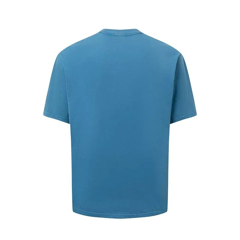 Man wearing a blue American retro letter print loose fit cotton blend t-shirt.