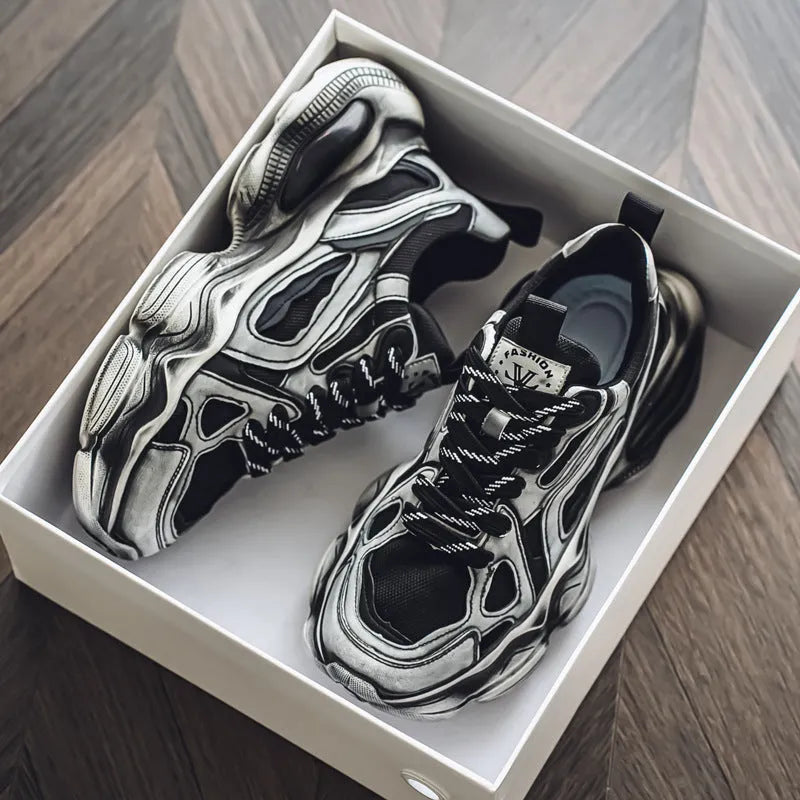 Men's black mesh sneakers with platform heel, rubber sole, and lace-up closure for sports and casual wear