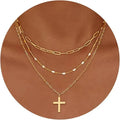 Copper electroplated layered clip necklace with circle pendant in gold finish