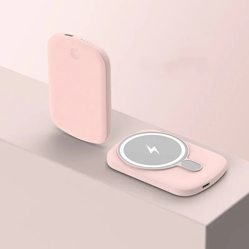 MagSafe magnetic wireless power bank in Barbie Pink, showing creative design and compact form.