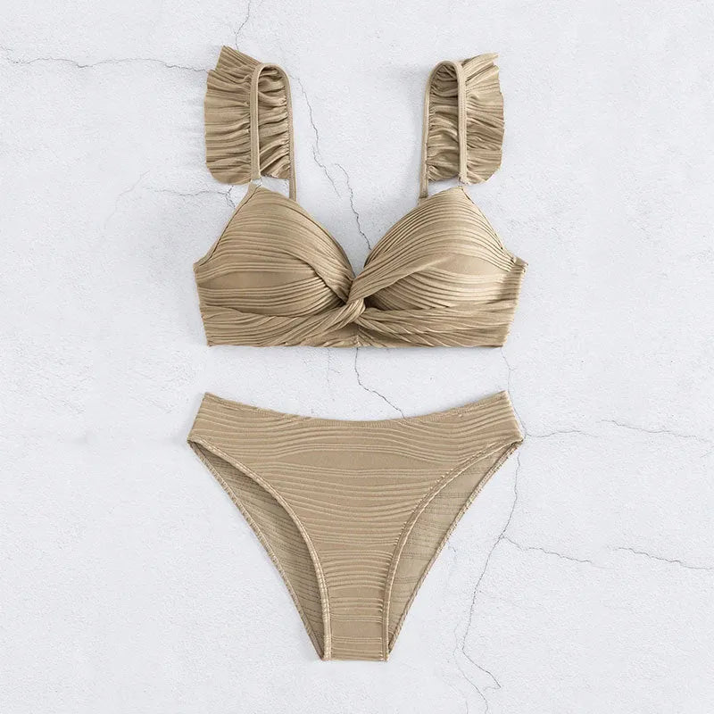 Women's solid colour bikini swimsuit in polyester fibre available in black or khaki