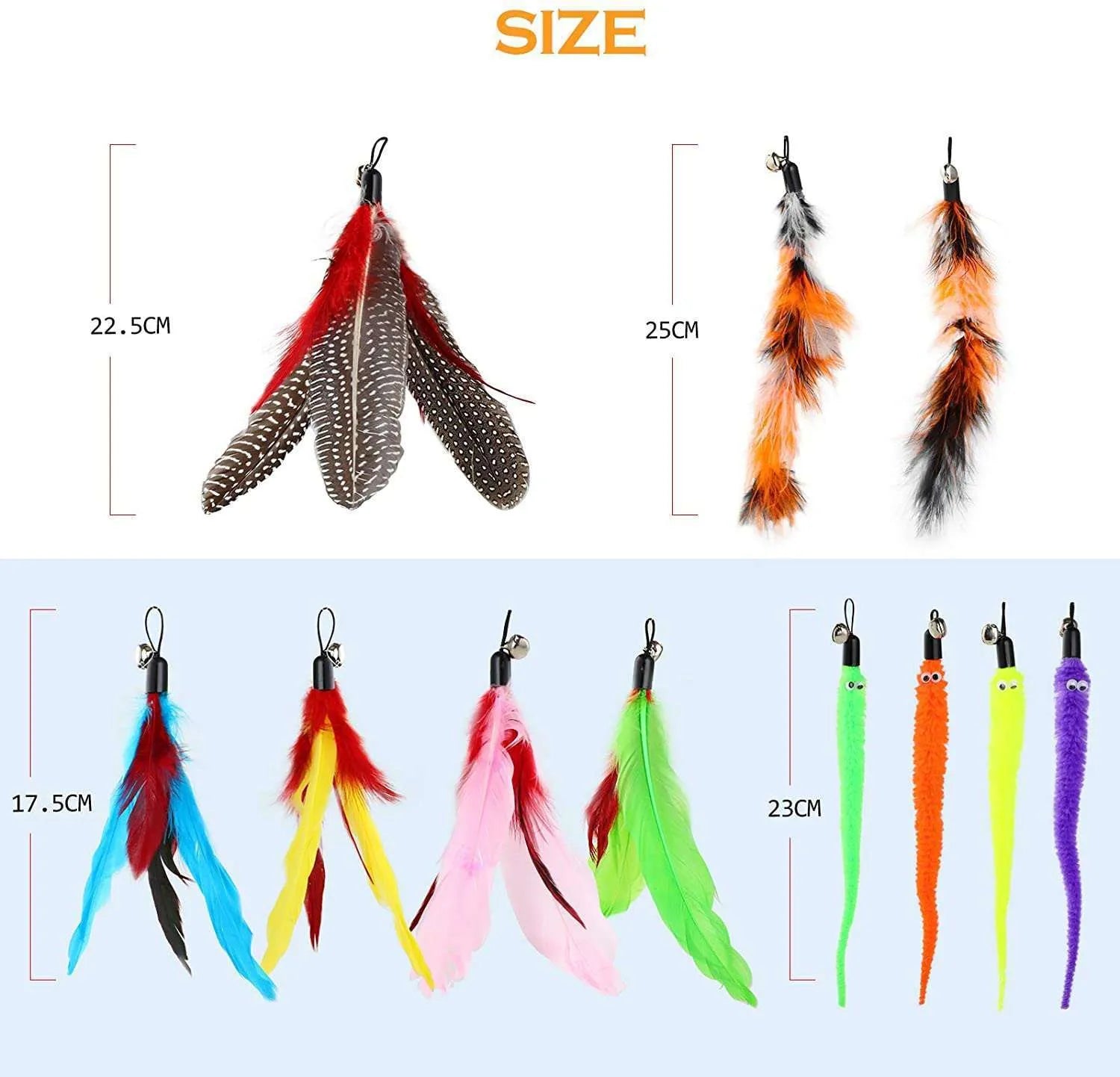Cat toy fishing rod set with feather attachments and ten replacement heads