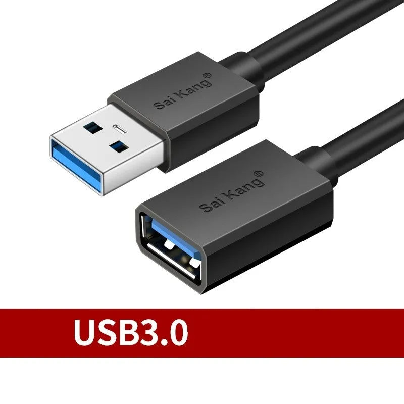 Black USB male to female extension cable showing connector details, available in multiple lengths.