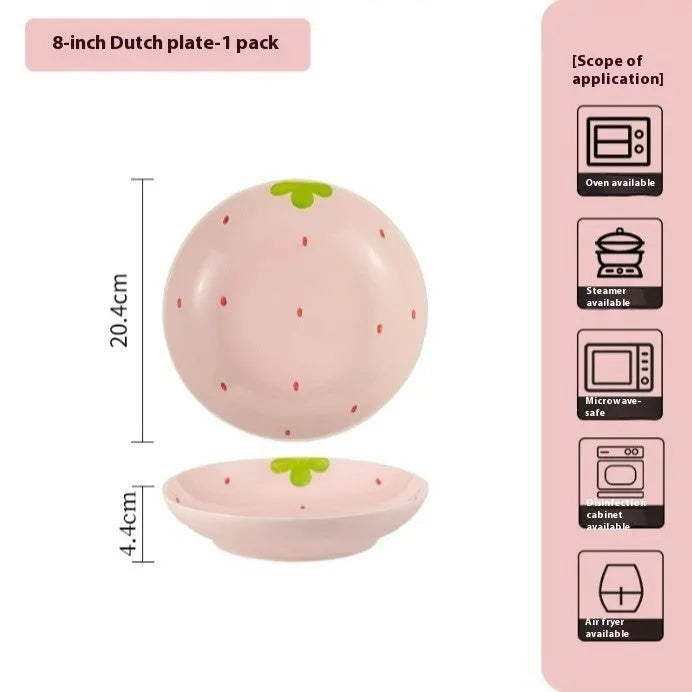 Cute strawberry design porcelain dinnerware set with flower bowls, straw hat plates, and a twist spoon.
