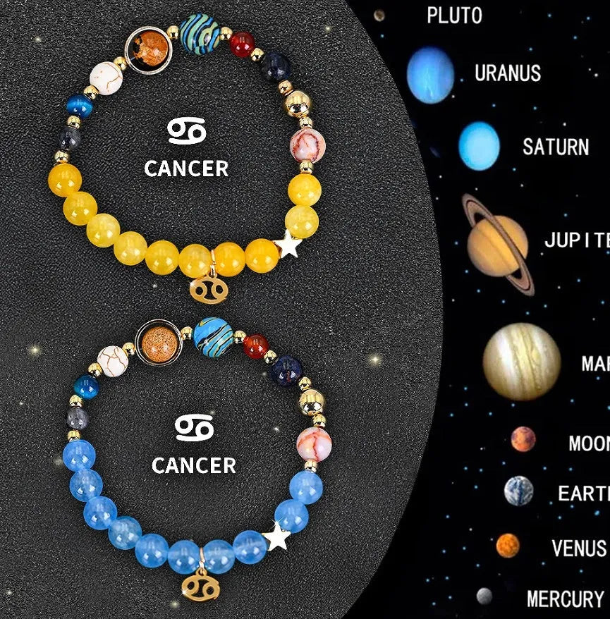 Set of two natural stone beaded bracelets representing zodiac signs from a twelve-style collection.