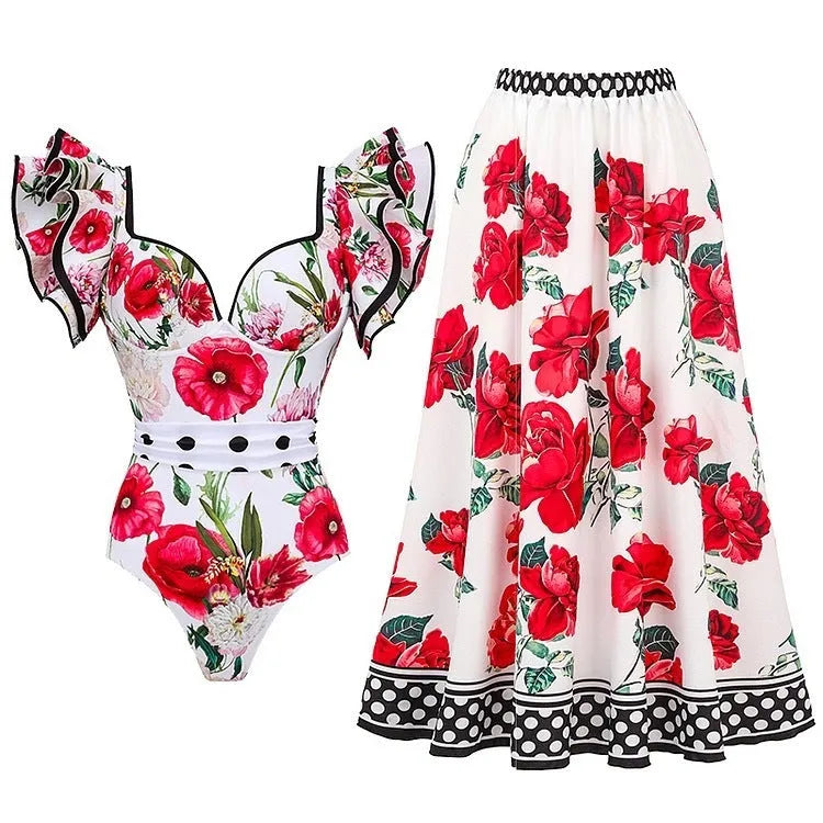 Women's printed polyester one-piece swimsuit available in multiple colours and styles