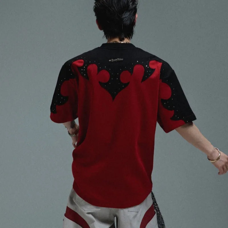 Men's cotton shirt with burnt flower stitching and rhinestone detailing in red, white, and grey colours