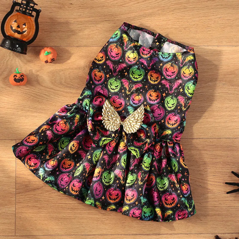 Angel wings Halloween dog costume in bright pumpkin or bat patterns available in four sizes