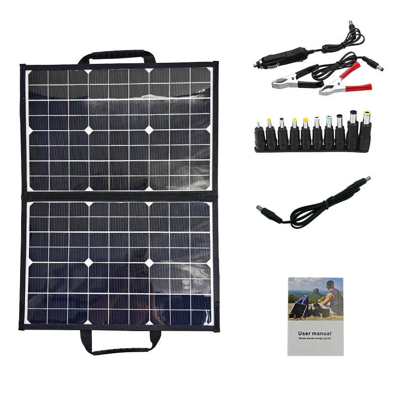 Black 40W monocrystalline solar panel folded in carrying bag showing compact 425mm size