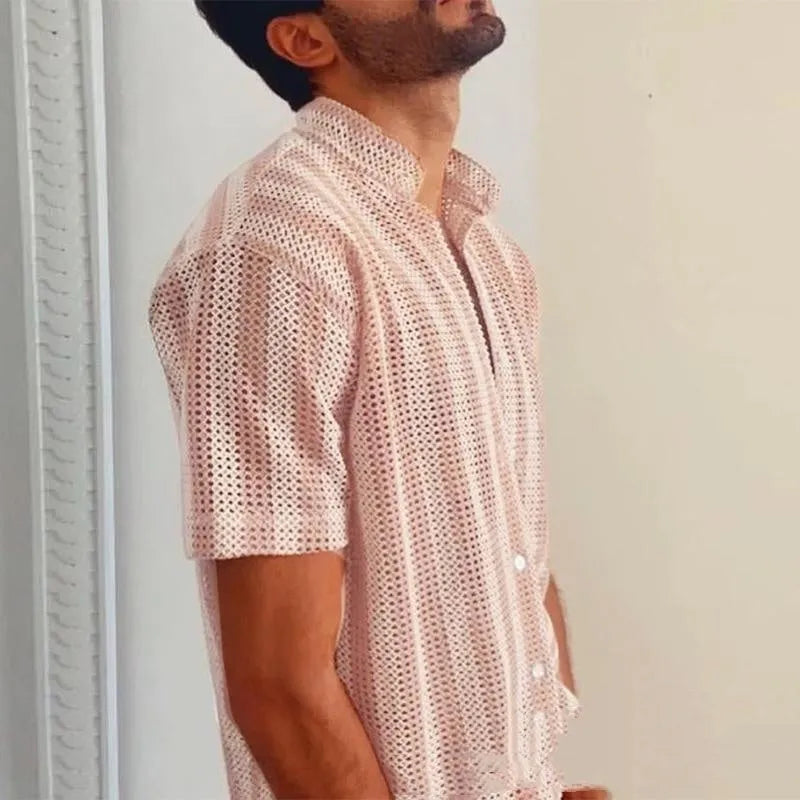 Pink men's loose-fit cardigan shirt with waffle texture and short sleeves