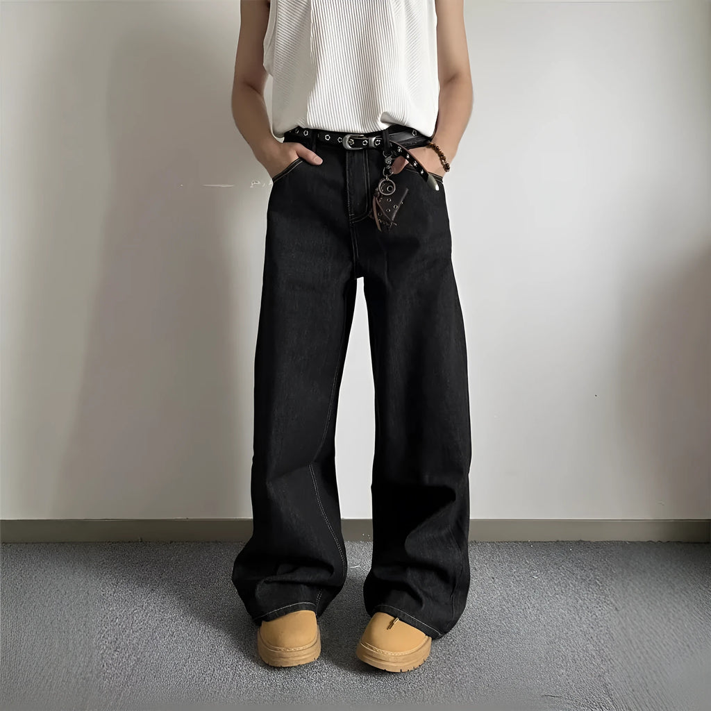 Black retro straight-leg jeans with wide-leg cut and mid-waist zip fly