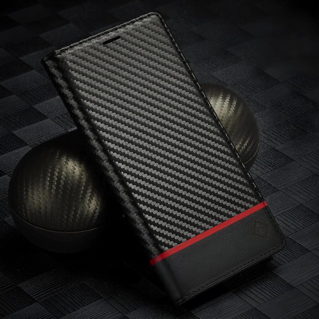 PU TPU handmade carbon fibre magnetic flip phone case in horizontal colour for iPhone