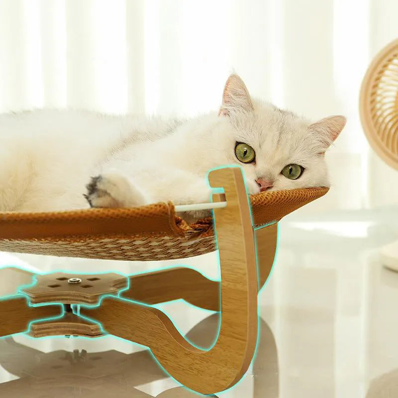 Brown woven rattan pet hammock bed measuring 46cm square with off-ground design