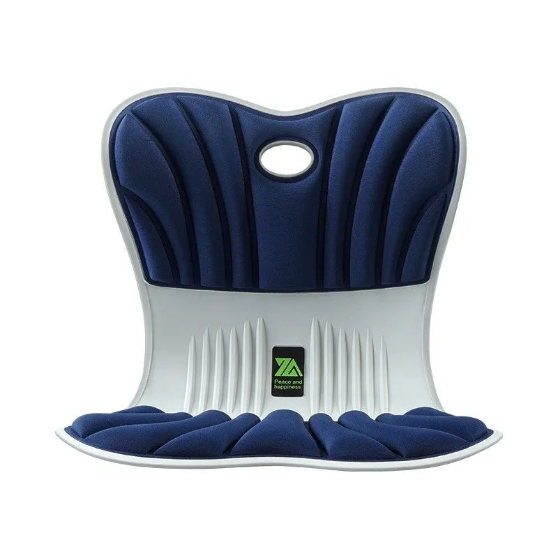 Grey ergonomic seat cushion for waist support and posture correction on an office chair.