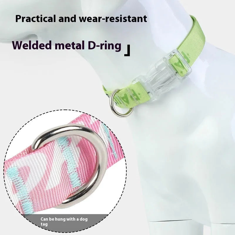 Adjustable nylon dog collar with cartoon gradient print in Panda Green colour, shown in size M.