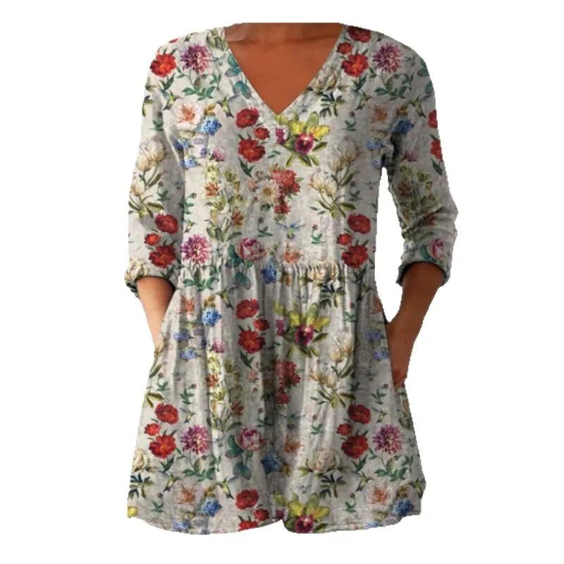 Women's printed wave pattern loose dress with 3/4 sleeves and wide waist design in various colour options