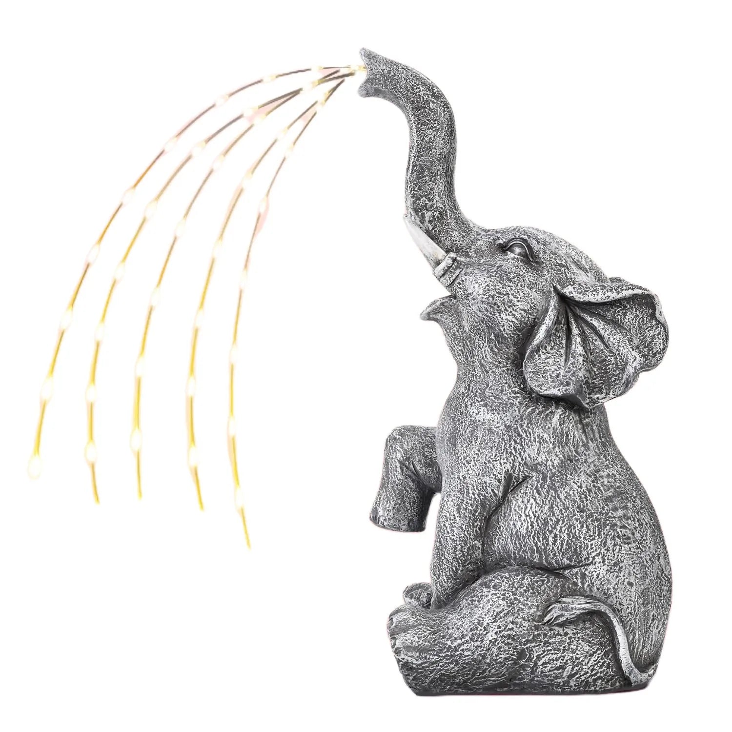 Outdoor resin elephant garden statue with integrated LED light strip.