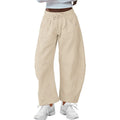 Women's loose grey cropped sweatpants with drawstring waist and side pockets on a hanger.