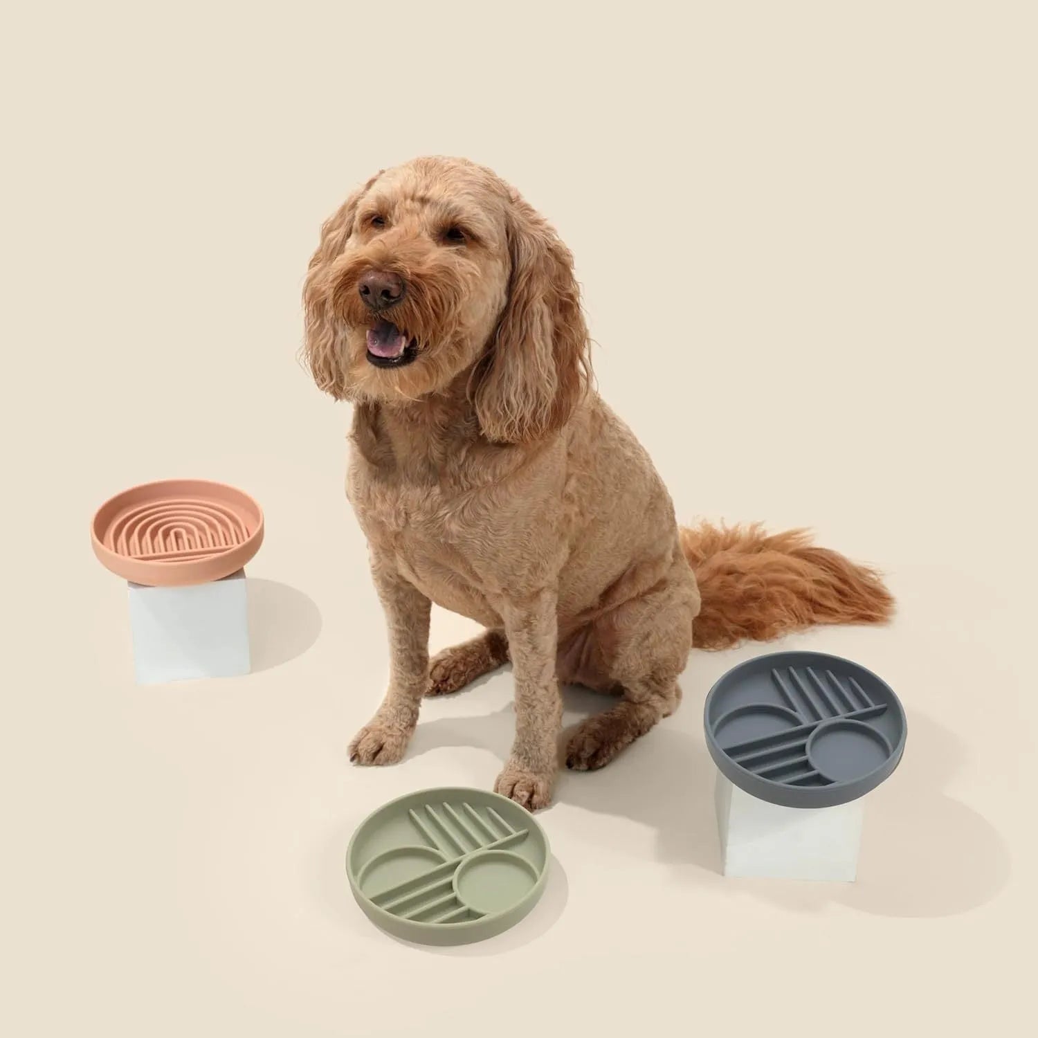 Silicone slow feeder dog bowl with ridge design, shown in beige colour, acting as a lick mat.