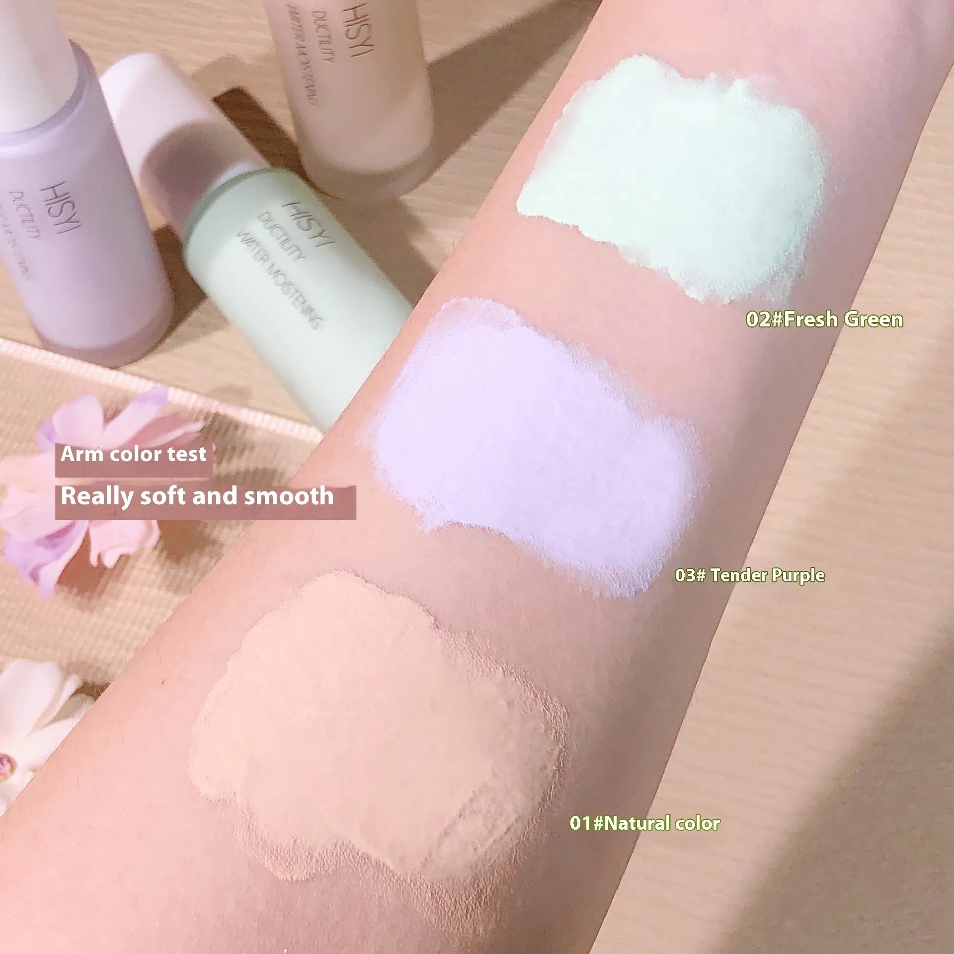 HISYI Silky Clear Makeup Primer tube or bottle showing three colour options 01, 02, 03 for brightening skin