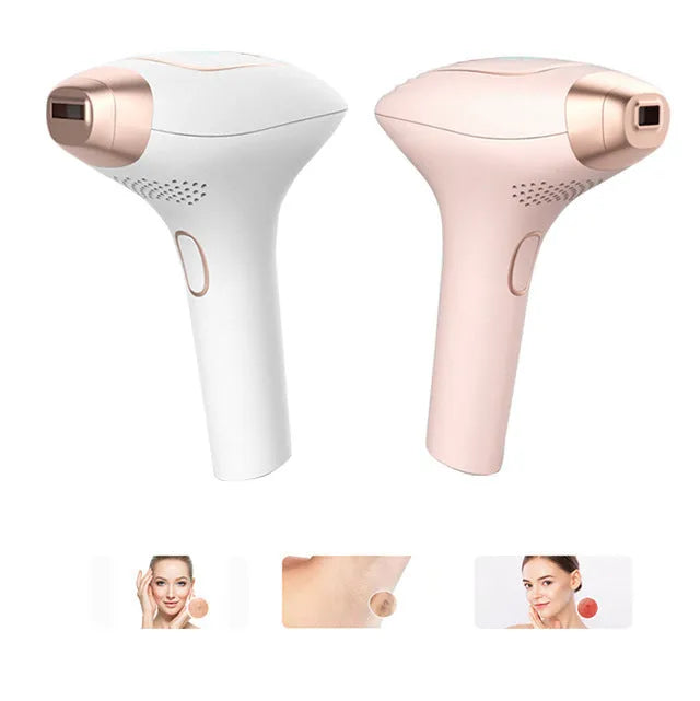 Pink and white laser hair removal device with ice-sensing technology, protective glasses, and charging accessories