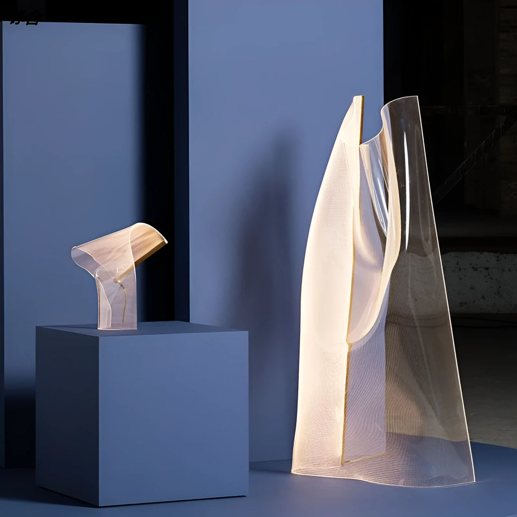 Irregular artistic acrylic ribbon table lamp in living room setting