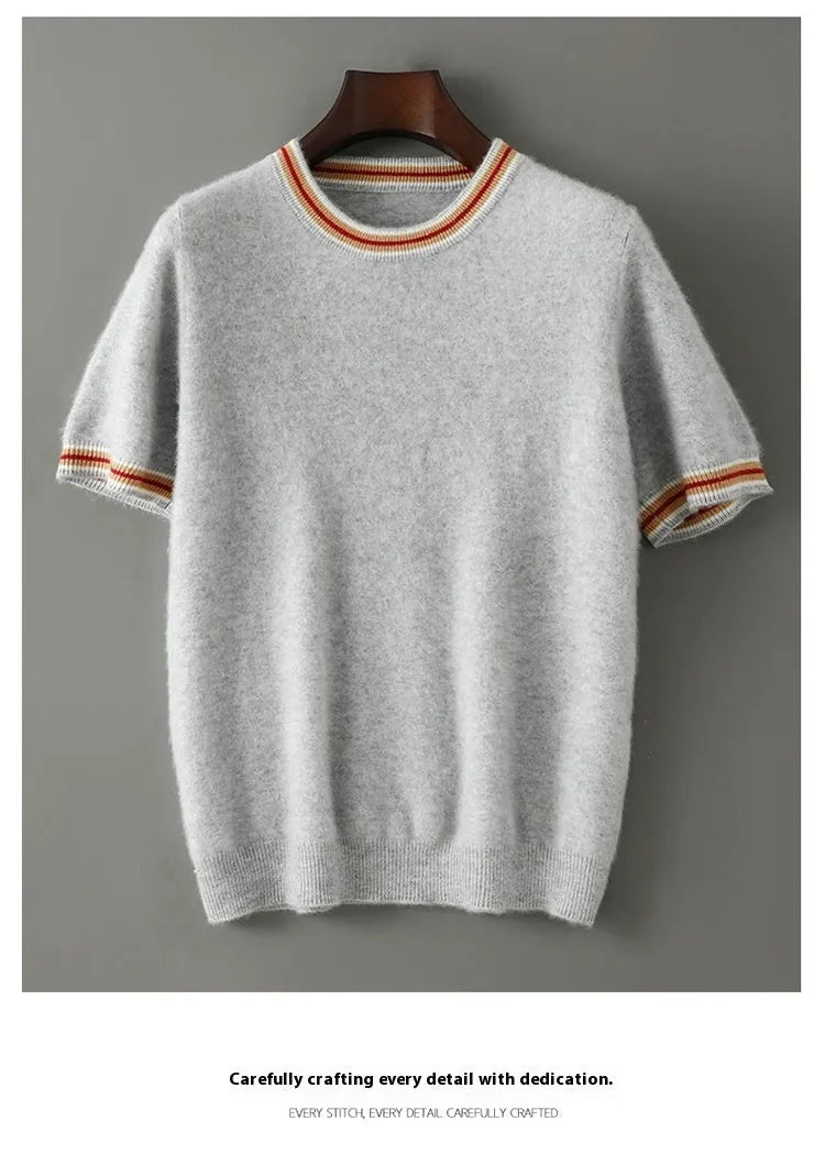 Men's short sleeve pure wool sweater in grey with round neck pullover design