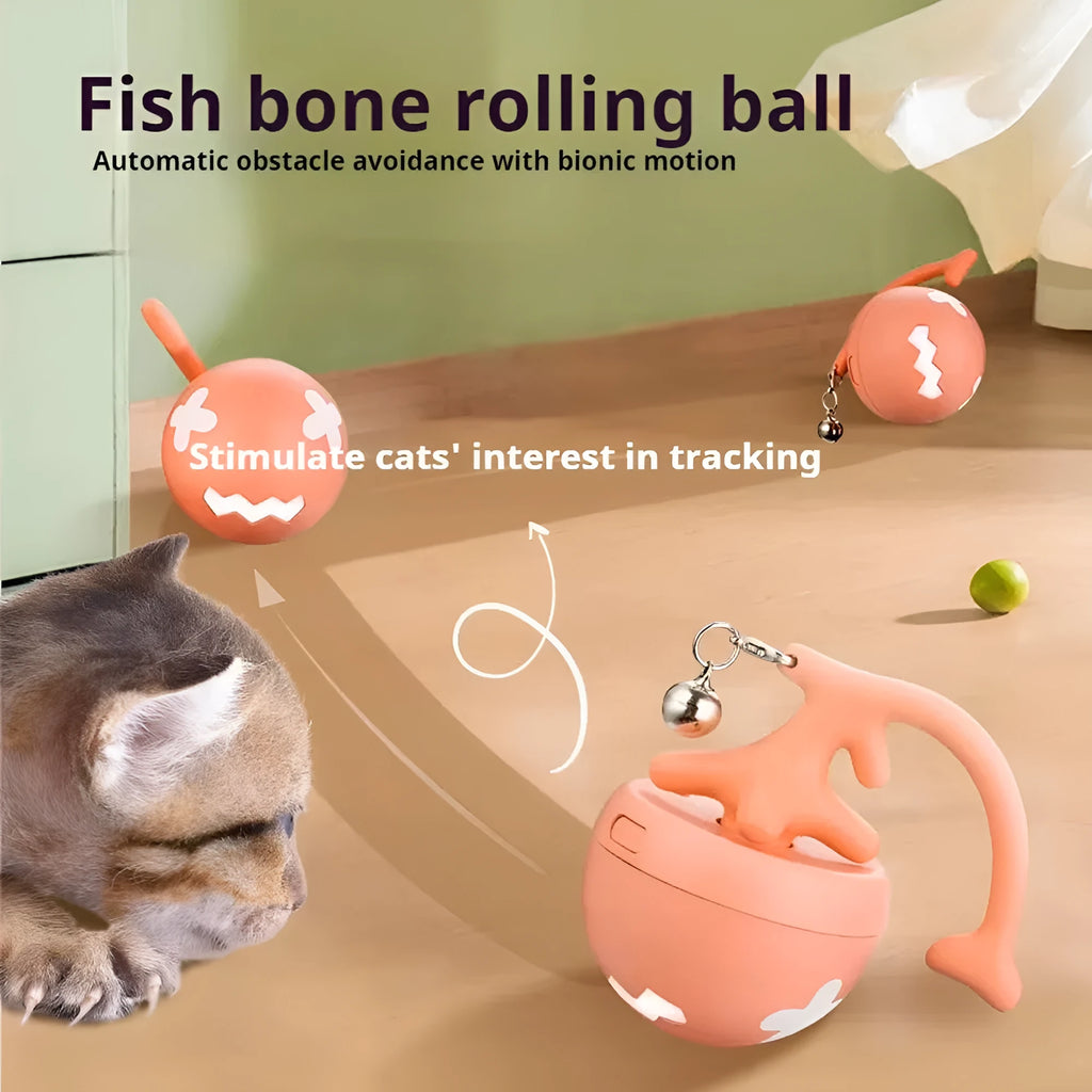 USB electric cat teasing ball with fish bone design and extendable teasing stick with feather attachments